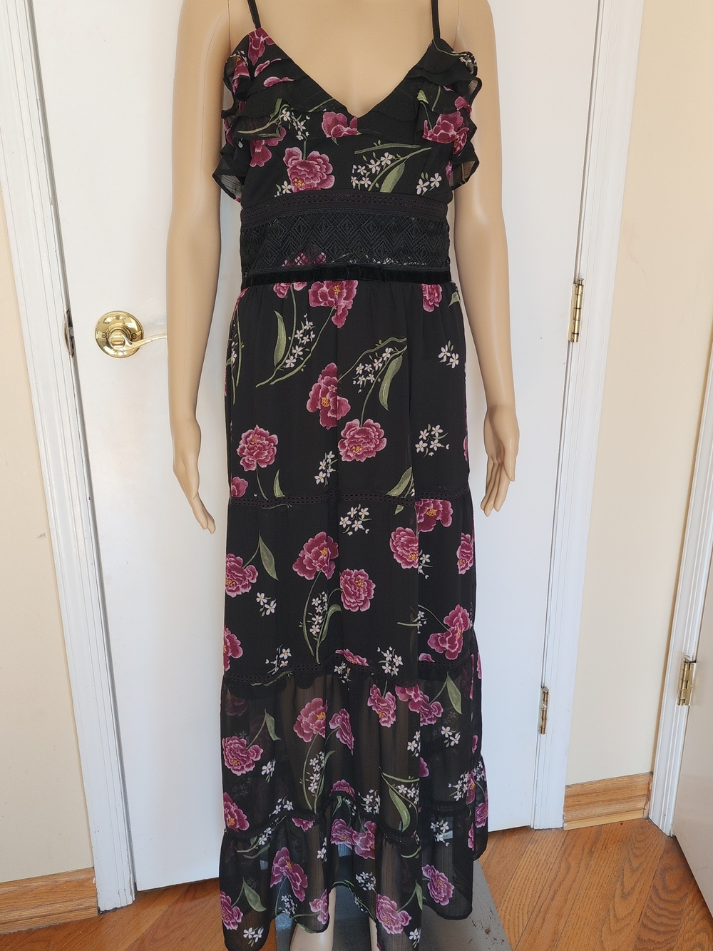 Black Maxi Dress with Pink Floral Print and Ruffle Straps